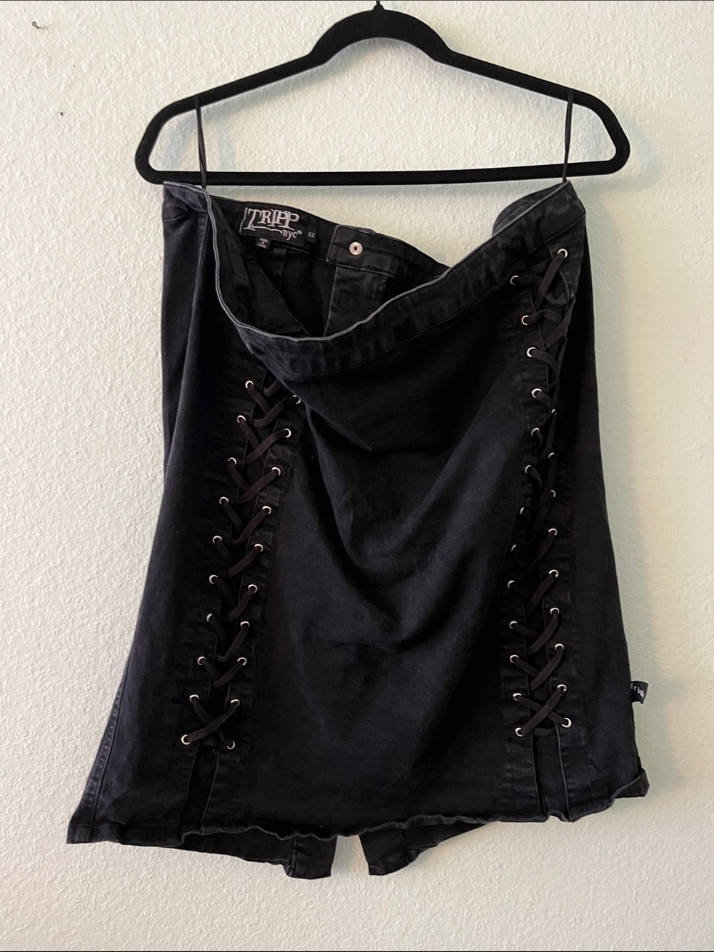 Vintage Y2K Tripp NYC Black Denim Lace-Up Gothic Mini Skirt